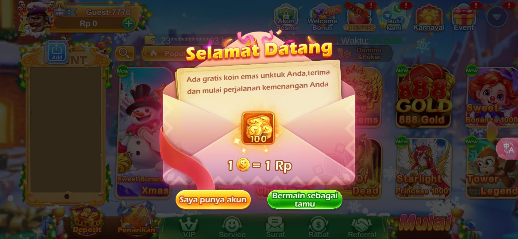 Dapatkan 100 koin emas gratis di 777win sebagai pengguna baru.